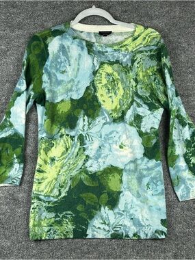 Talbots Pure Cashmere Watercolor Floral Sweater Green Blue Rose Print Women’s M